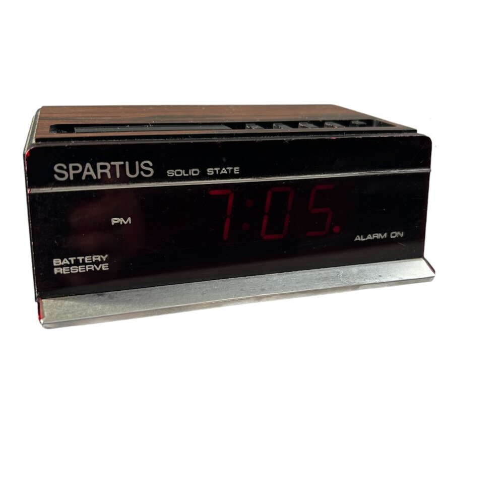 Vintage Spartus Model 1102 Solid State Alarm Clock Red LED Faux Wood Grain